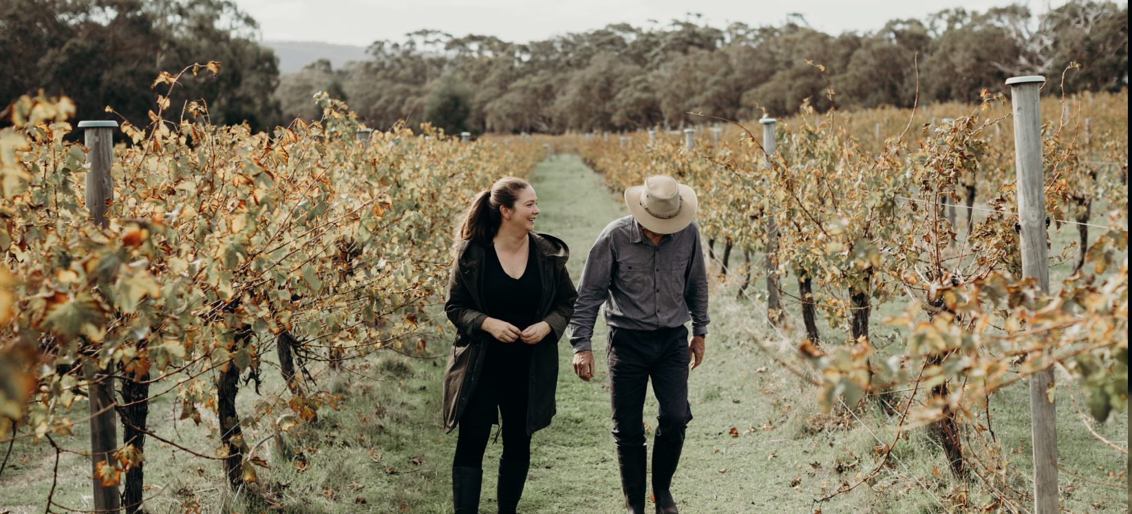 Woman and man walking together in the vineyard 